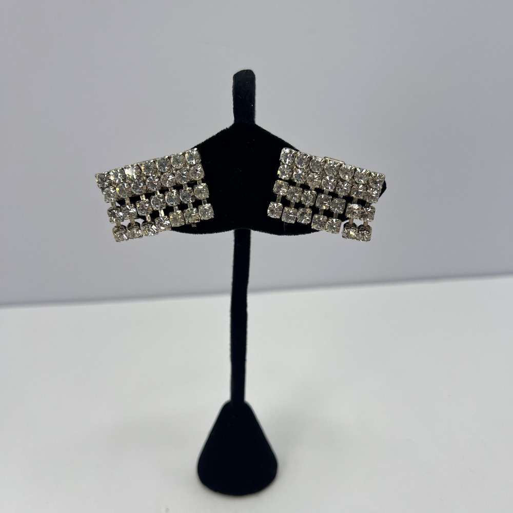 Musi Silver Rhinestone Shoe Clips Vintage Rectangular Art Deco Glam Midcentury